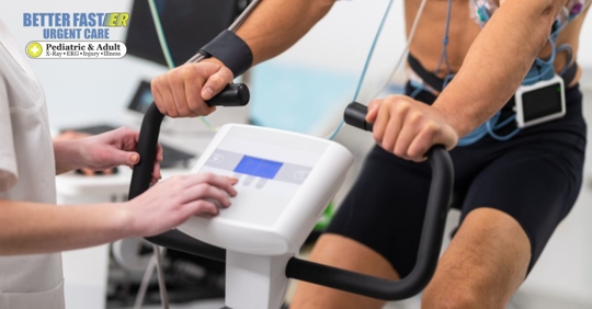 Young adult man having a VO2 test with a VO2 mask on his face, electrocardiogram pads attached, computer recording, indoor bicycle.